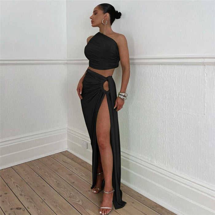 Autumn Winter Women  Clothing Sexy Oblique Shoulder Backless Vest Slim Fit Slit Skirt Set Women