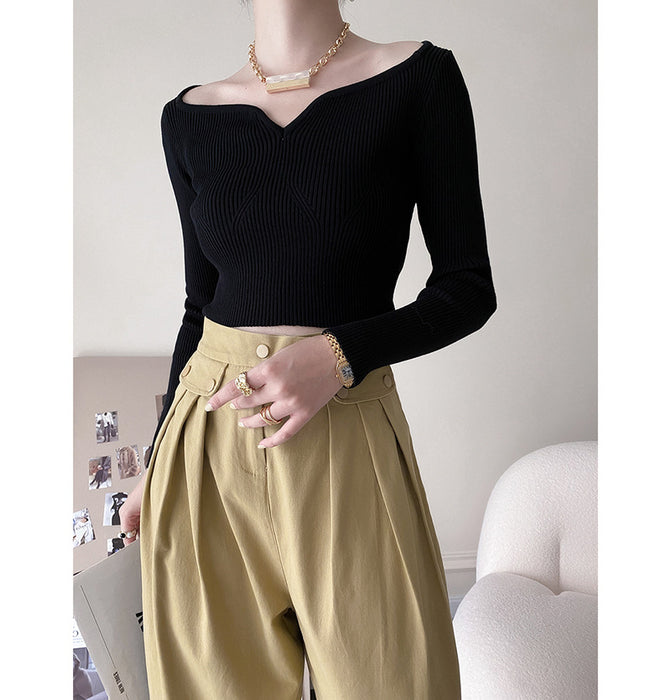 Petal Collar Short Sweater for Women Autumn Slim Fit Collarbone Bottoming Shirt