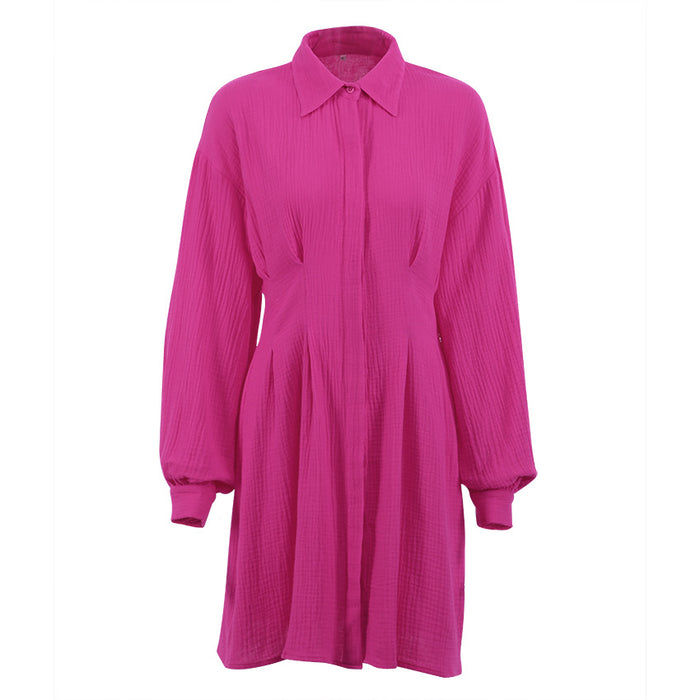 Waist Trimming Shirt Dress  Elegant Pleated Long Sleeve Drape Cotton A- line