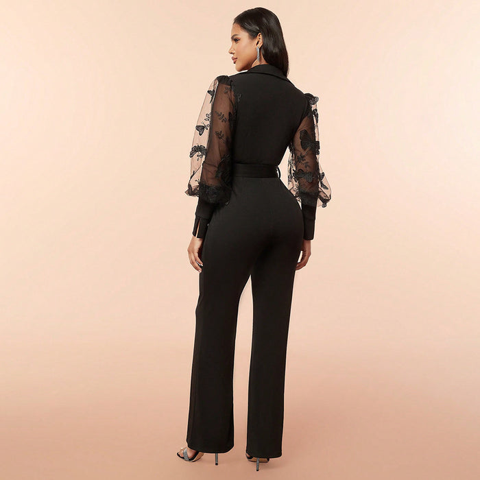 Spring Summer Sexy One Piece Trousers Deep V Plunge Stitching Mesh Slim Fit Jumpsuit