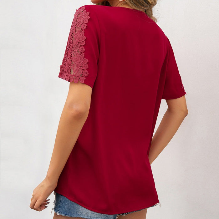 Lace Stitching Short Sleeve V Neck Shirt Casual Loose Hollow Out Cutout Shirt Top for Women