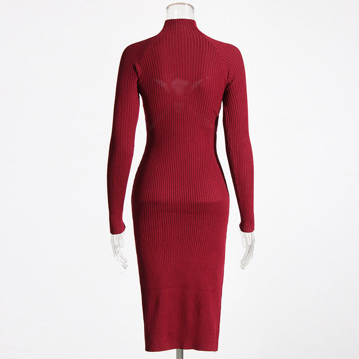 Niche Design Solid Color Sexy Sexy Dress Autumn Winter High Neck Long Sleeve Hollow Out Cutout out Knitted Dress Women