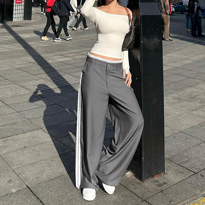 Street Women Clothing Straight Slim Fit Draping Mopping Pants High Waist Lace Ribbon Stitching Casual Wide Leg Trousers