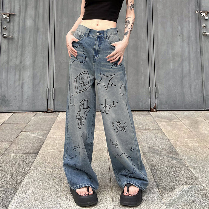 Street Graffiti Washed Blue High Waist Jeans Hip Hop Sexy Loose Mopping Straight Leg Overalls