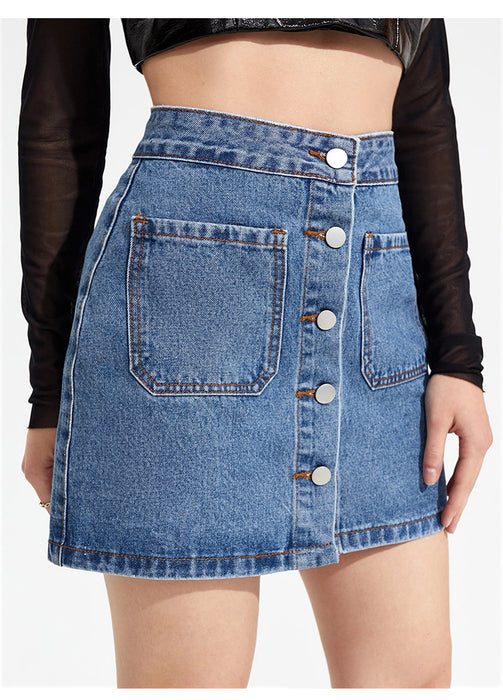 High Waist Slimming A- line Denim Skirt Women Retro High Waist Sexy Arm Covering Short Skirt Petite Dress