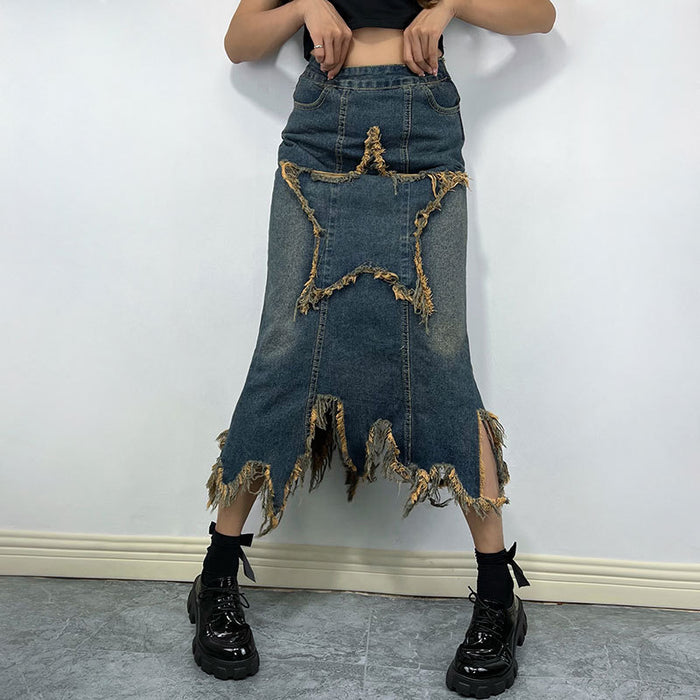 Retro High Waist Irregular Asymmetric Skirt for Women Autumn Sexy A line Slimming Long Denim Skirt