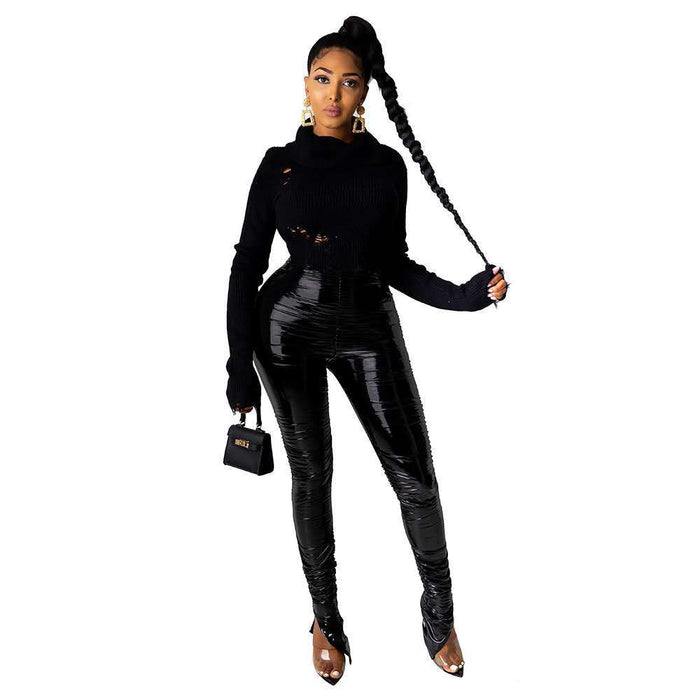 Women Casual Ruched Pile Pants Slit plus Velvet Light Faux Leather Casual Pants