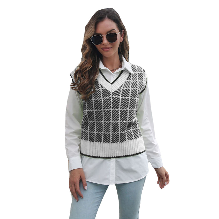 Plaid V-neck Vest Sweater Women Vest Outer Wear Inner Wear Autumn Winter Striped Knitwear Sweater