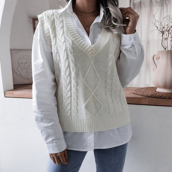 Autumn Winter V neck Twist Casual Loose Knitted Vest Sweater Waistcoat Women Clothing