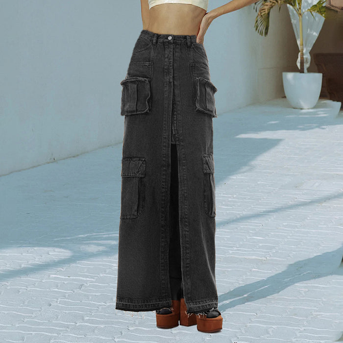 Hipsters High Street Spring High Waist Long Straight Front Slit Design Denim Solid Color Women  Skirt