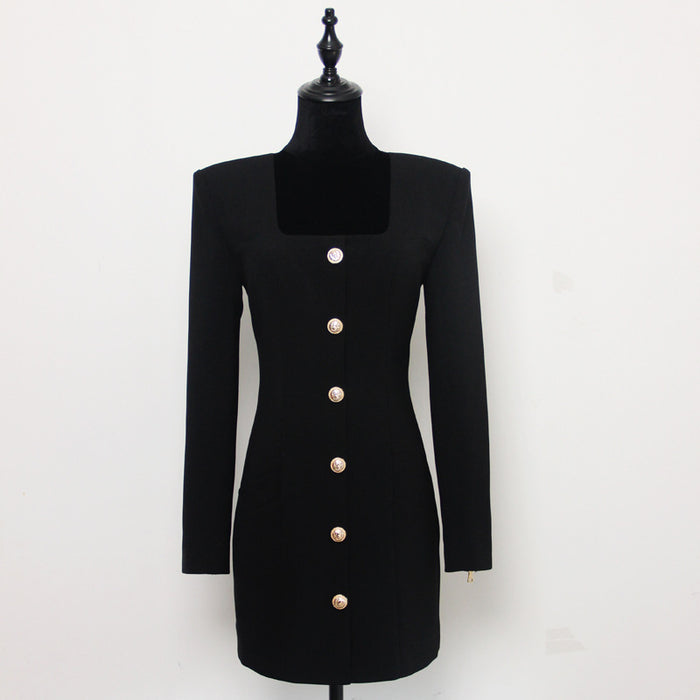 Spring Autumn Solid Color Square Collar Single Breasted Long Sleeve Zipper Short Women  Dress