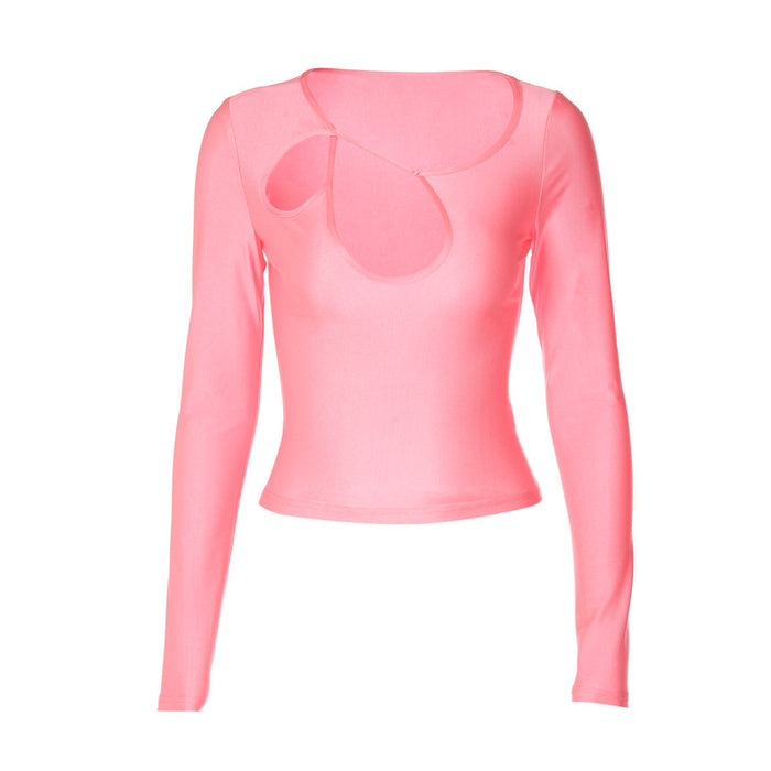 Fall Women Clothing Bold Pink All Match Close Fitting Fried Street Long Sleeve Hollow Out Cutout Collar T shirt Hair