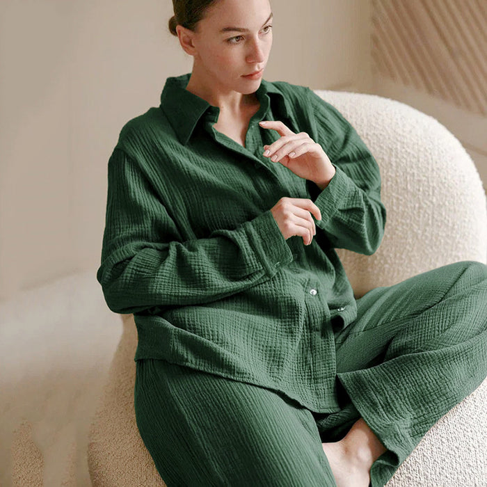 Autumn Double Layer Gauze Long Sleeved Pajamas Simple Shirt Loose Ladies Homewear Can Be Worn outside