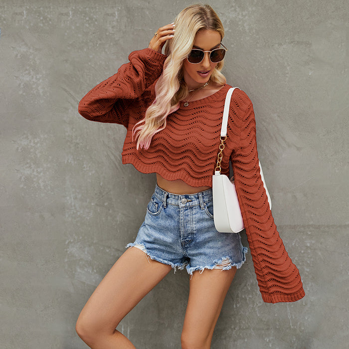 Spring Autumn Solid Color Hollow Out Cutout Wave Pattern Short Pullover Sweater Sweater Women