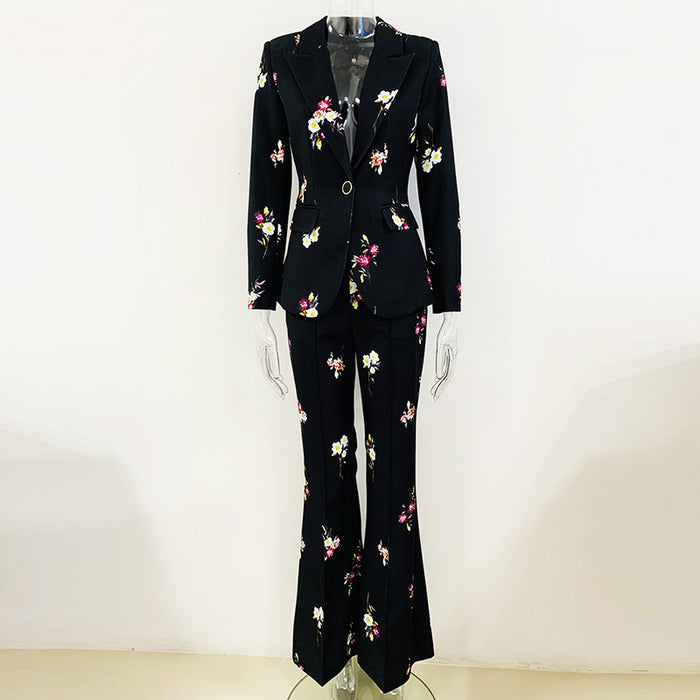 Goods Star Elegant Printed Suit Flared Pants Suit Two Piece Suit