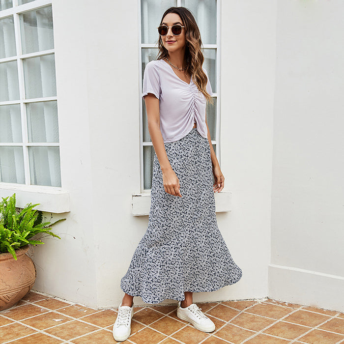 Summer Thin Women Fresh Sweet Loose A- line Skirt Fashionable High Waist Floral Skirt Mid-Length Skirt