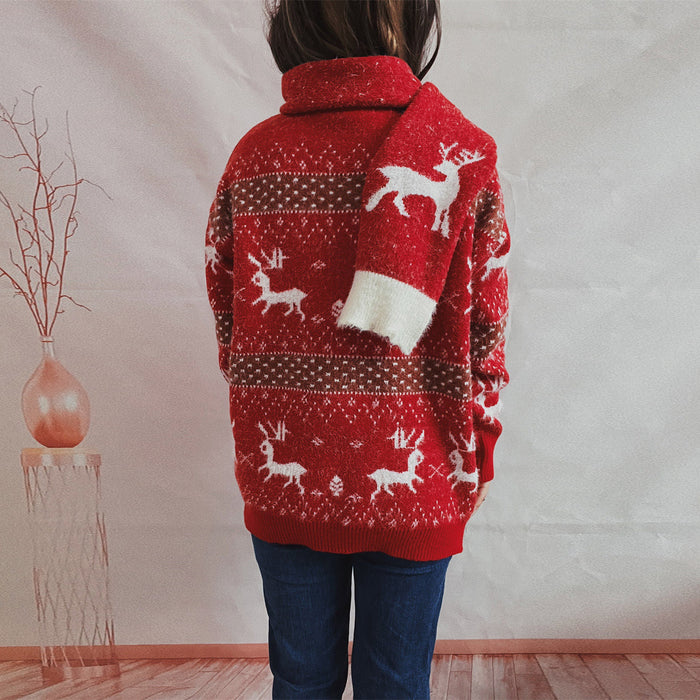 Autumn Winter round Neck Long Sleeve Deer Snowflake Jacquard Christmas Sweater Scarf Two Piece Set