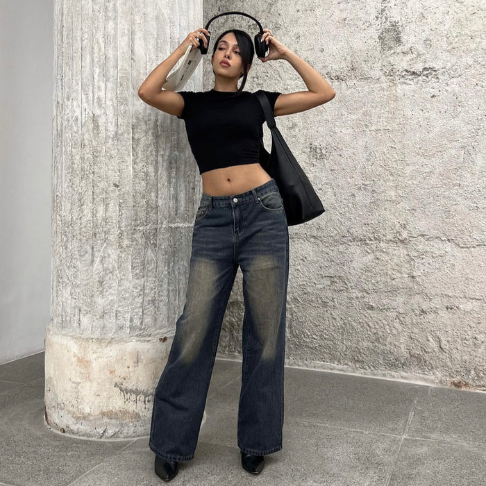 High Street Vibe Retro Distressed Straight-Leg Pants Women Loose Slimming Wide Leg Denim Trousers