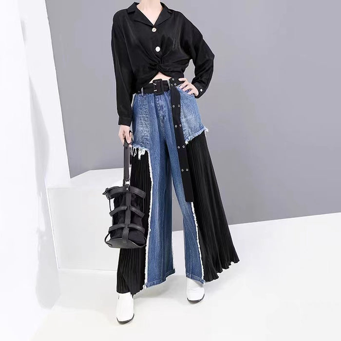 Spring Summer Denim Stitching Pleated Color Matching Loose Wide Leg Jeans Slimming Street Jeans