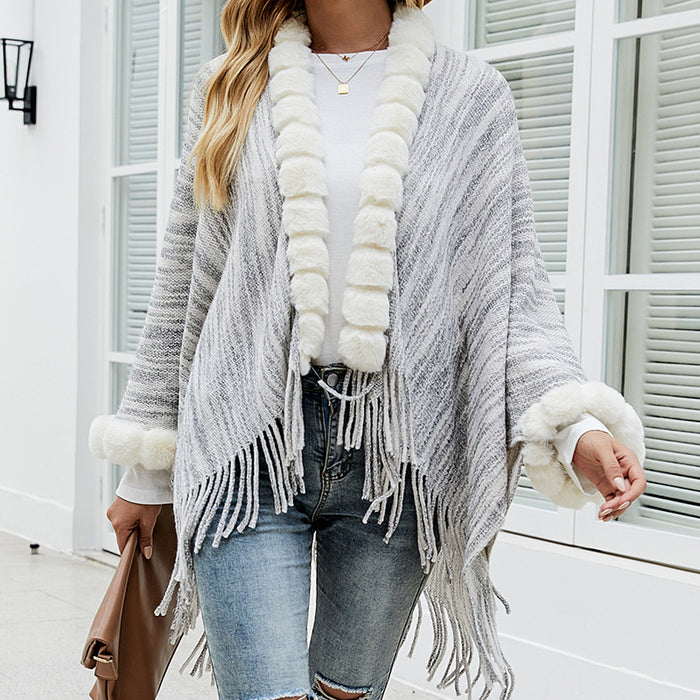 Autumn Winter Tassel Cape Shawl Sweater Women Fur Collar Cardigan Coat