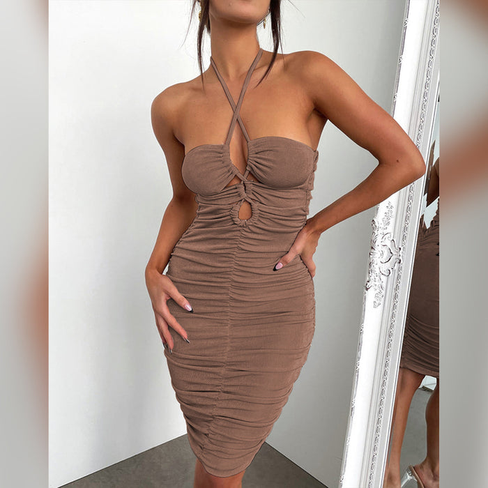 Arrival Lace up Women Midi Dress One Step Dress Sexy Backless Pleated Criss Cross Dress