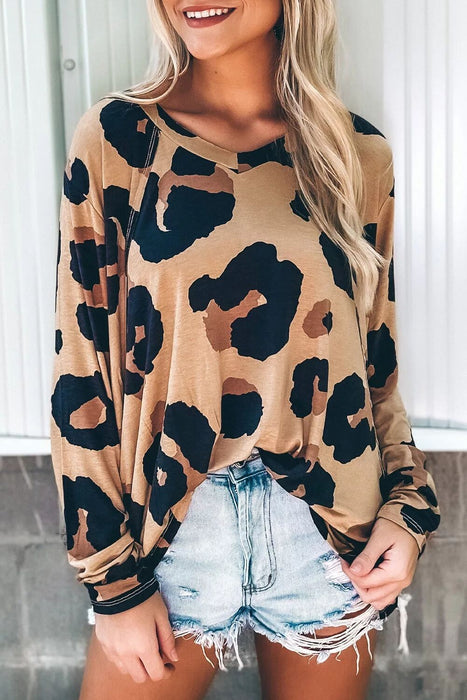 Leopard Print V neck Ruffled Sleeve Loose Top Women Autumn T shirt