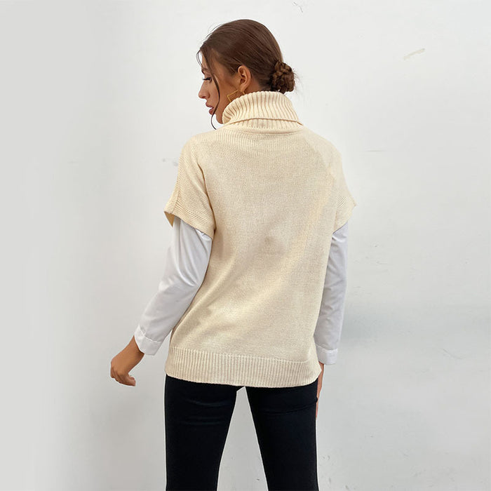 Autumn Winter Solid Color Women Clothing Cable-Knit Turtleneck Sweater with Short Sleeves