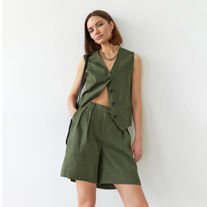 Green Vest Wide Leg Pants Two Piece Loose Summer Casual Cotton Linen Sets Women Clothing