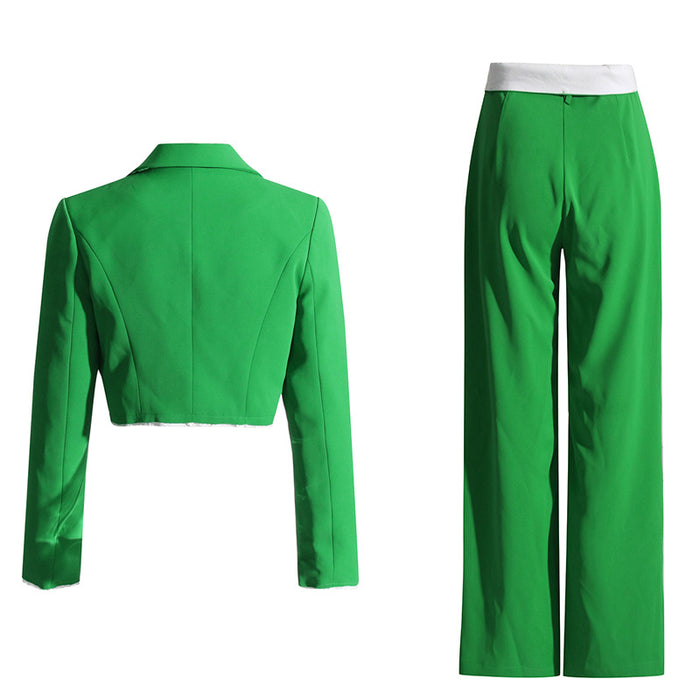 Autumn Casual Short Blazer Women  Flanging High Waist Straight Pants Suit Two Piece Set