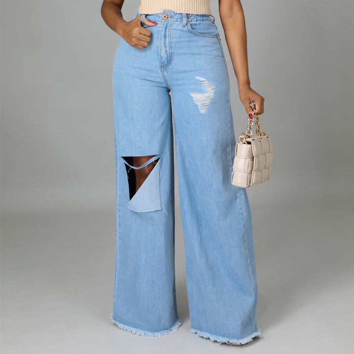 Elastic Ripped Elastic Waist Jeans Wide Leg Pants Women