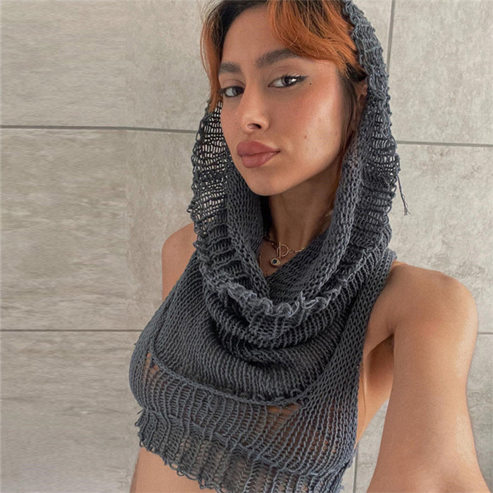 Autumn Women Clothing Hooded Sleeveless Cropped Knitted Solid Color Inner Wear Sweater