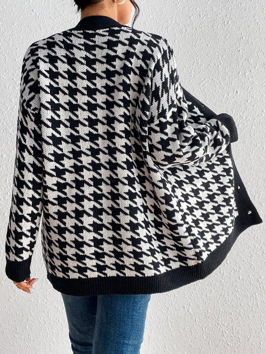 Autumn Winter Contrast Color Houndstooth Cardigan Coat Knitted Sweater