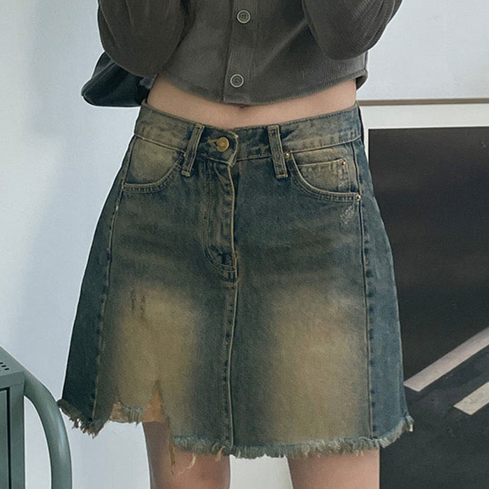 Spring Street Retro Worn Looking Washed-out Frayed Denim Skirt High Waist Slimming Sexy A  line Skirt