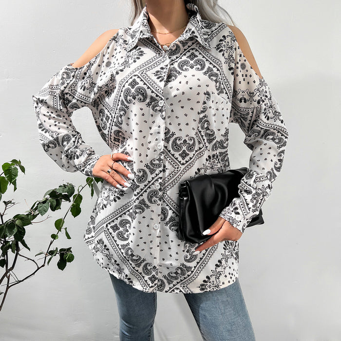 Women Single Breasted Printed off-Shoulder Shirt Autumn Winter Bohemian Top