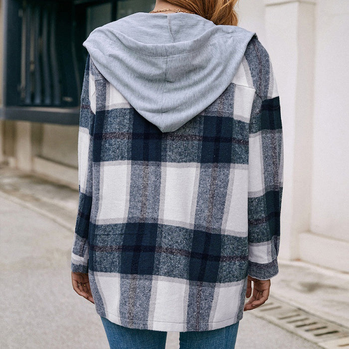 Plaid Shirt Hooded Loose Casual Shacket Jacket Outerwear