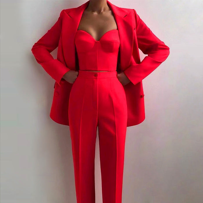 Autumn Winter High Quality Office Red Festive Professional Lady Suit Set Three Piece Set