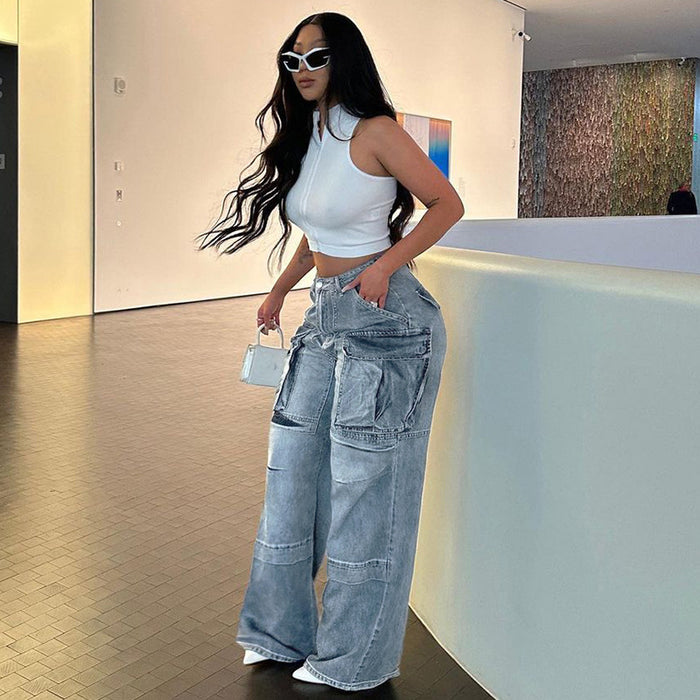 Large Pocket Design High Waist Straight Jeans Sexy Street Drape Overalls Wide Leg Pants