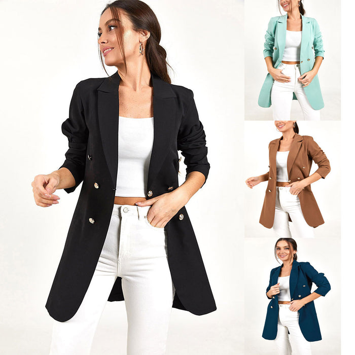 Women Clothing Business Solid Color Casual Double-Breasted Mid-Length Blazer