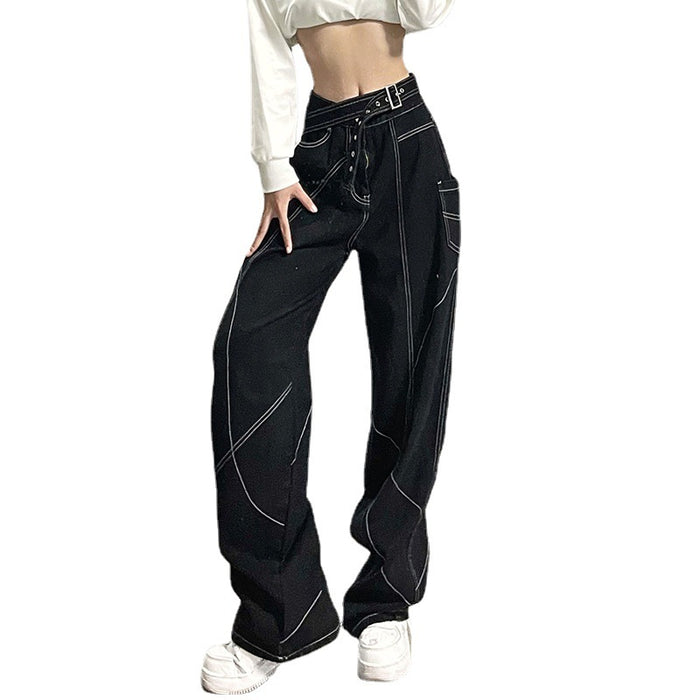 Women Unique Design Bright Line Denim Straight-Leg Pants Loose Wide Leg Mop Pants Low Waist Slimming Trousers