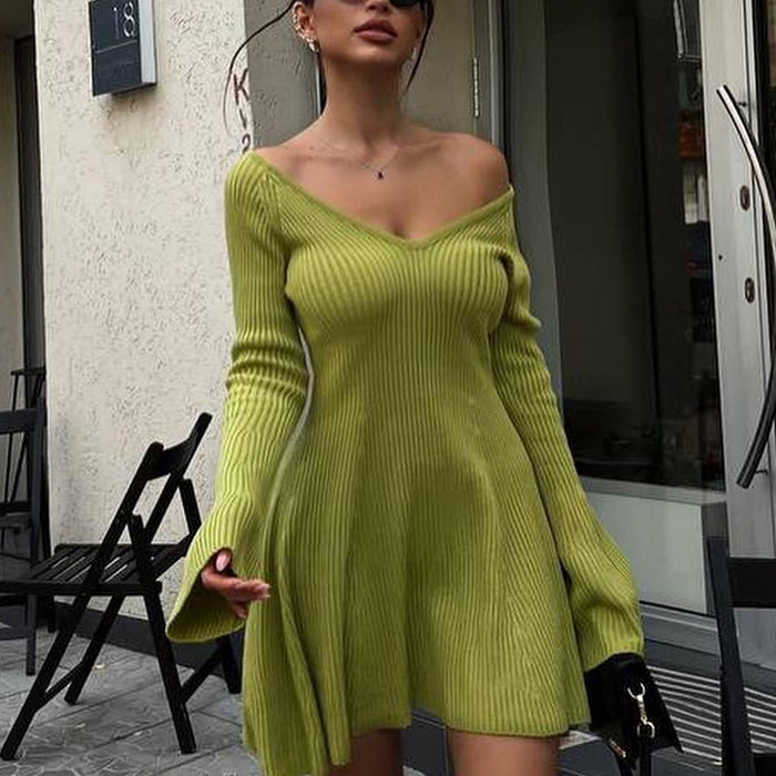 V Neck Long Sleeve Sexy Dress Short A Line Dress Strapless High Waist Autumn Winter Knitted Dress