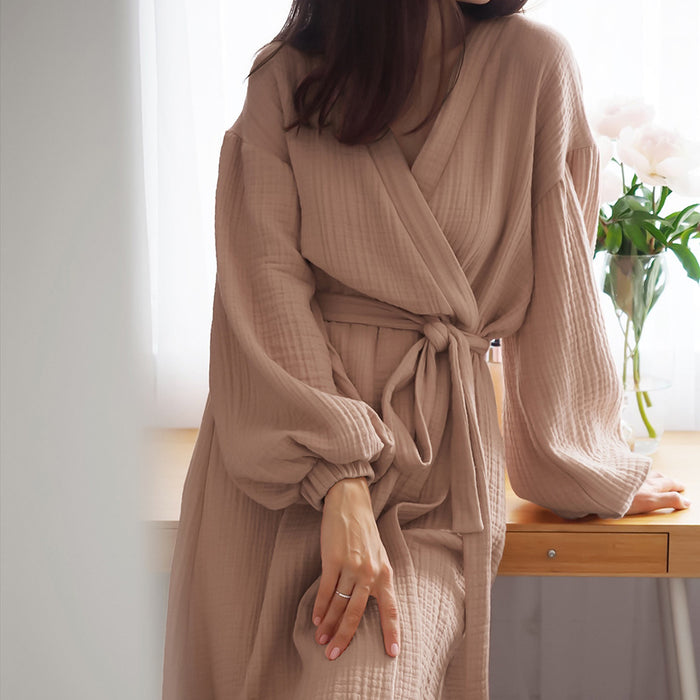 Early Spring French Solid Color Cardigan Nightgown Double Layer Gauze Full Cotton Casual Home Pajamas Women Cotton