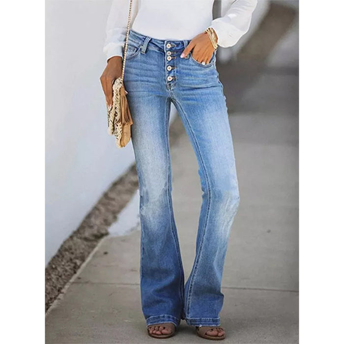 Spring Summer Retro Slimming Multi Button High Waist Micro Pull Washed Women Jeans