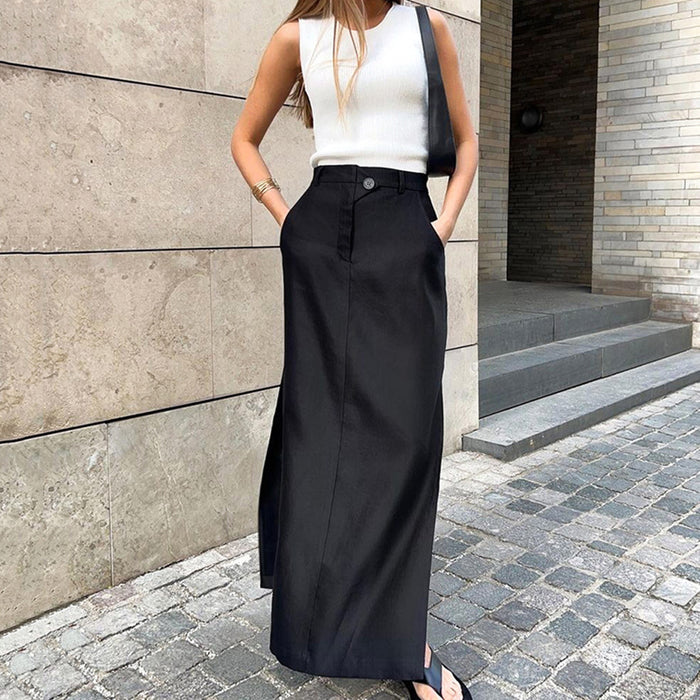 Black Cotton Silk  Women Clothing Autumn Split High Waist Office Drape Skirt Skirt