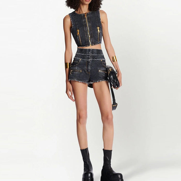 Goods Stars Zipper Denim Vest Top Denim Shorts Suit Two-Piece Set