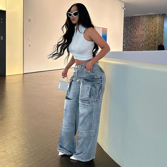 Large Pocket Design High Waist Straight Jeans Sexy Street Drape Overalls Wide Leg Pants