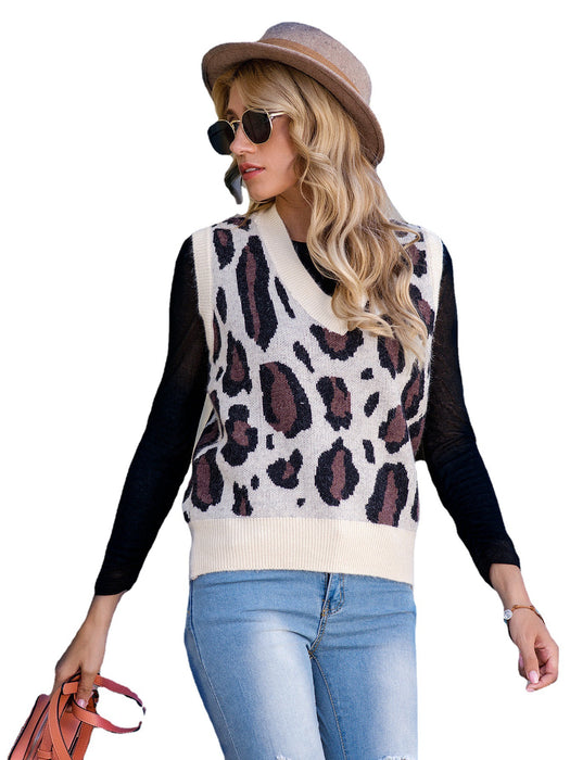 Sweater Vest Women Autumn Winter Leopard Print Vest Sweater