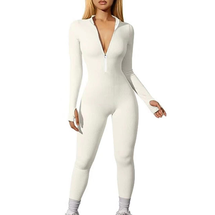 Women Sports Jumpsuit Workout Ribbed Long Sleeve Zipper Casual Jumpsuit Trousers Tight