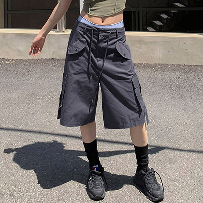 Pocket Flanging Lace up Cropped Pants Loose Casual Low Waist Straight Woven Shorts