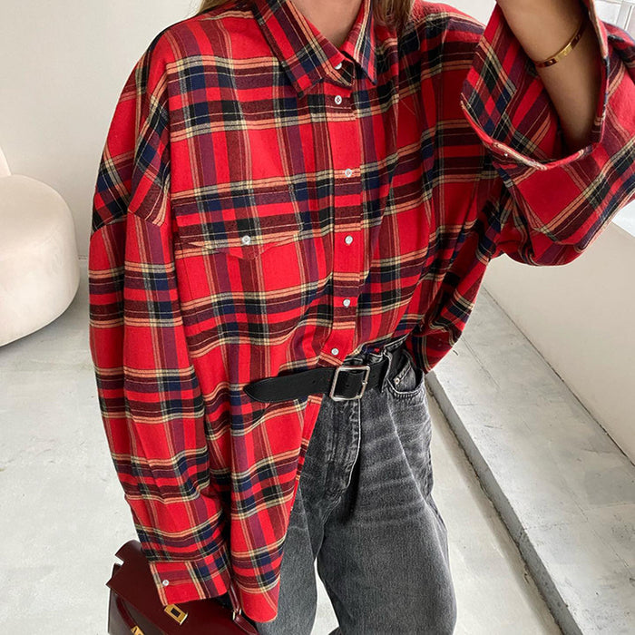 Spring  Plaid Shirt Women  Trend Retro Plaid Top Baggy Coat Women