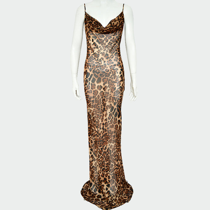 Sexy Women Wear Loose Leopard Print Maxi Dress Spring Summer Backless Strap Evening Dress Maxi